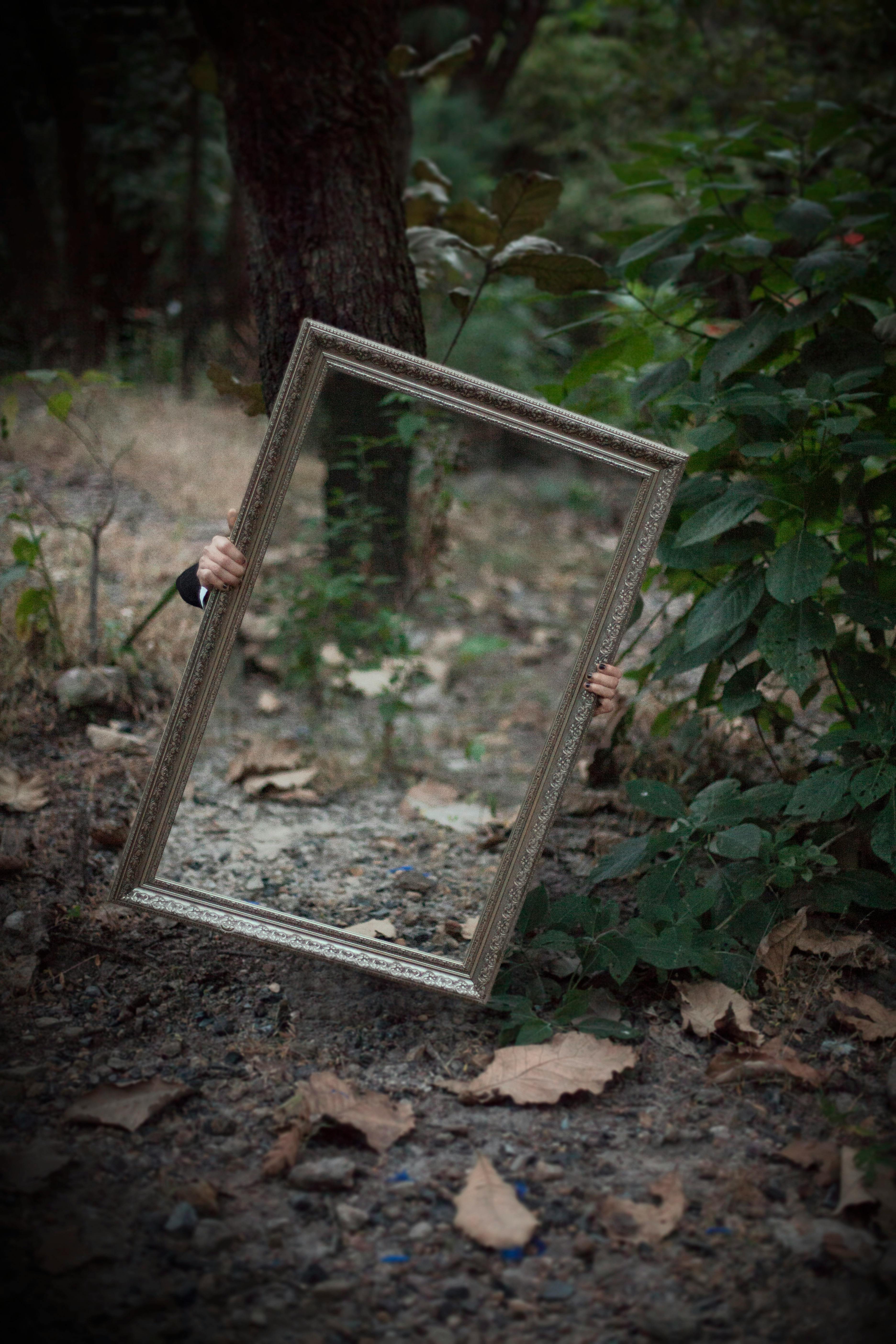 Unknown person holding a mirror in a forest.